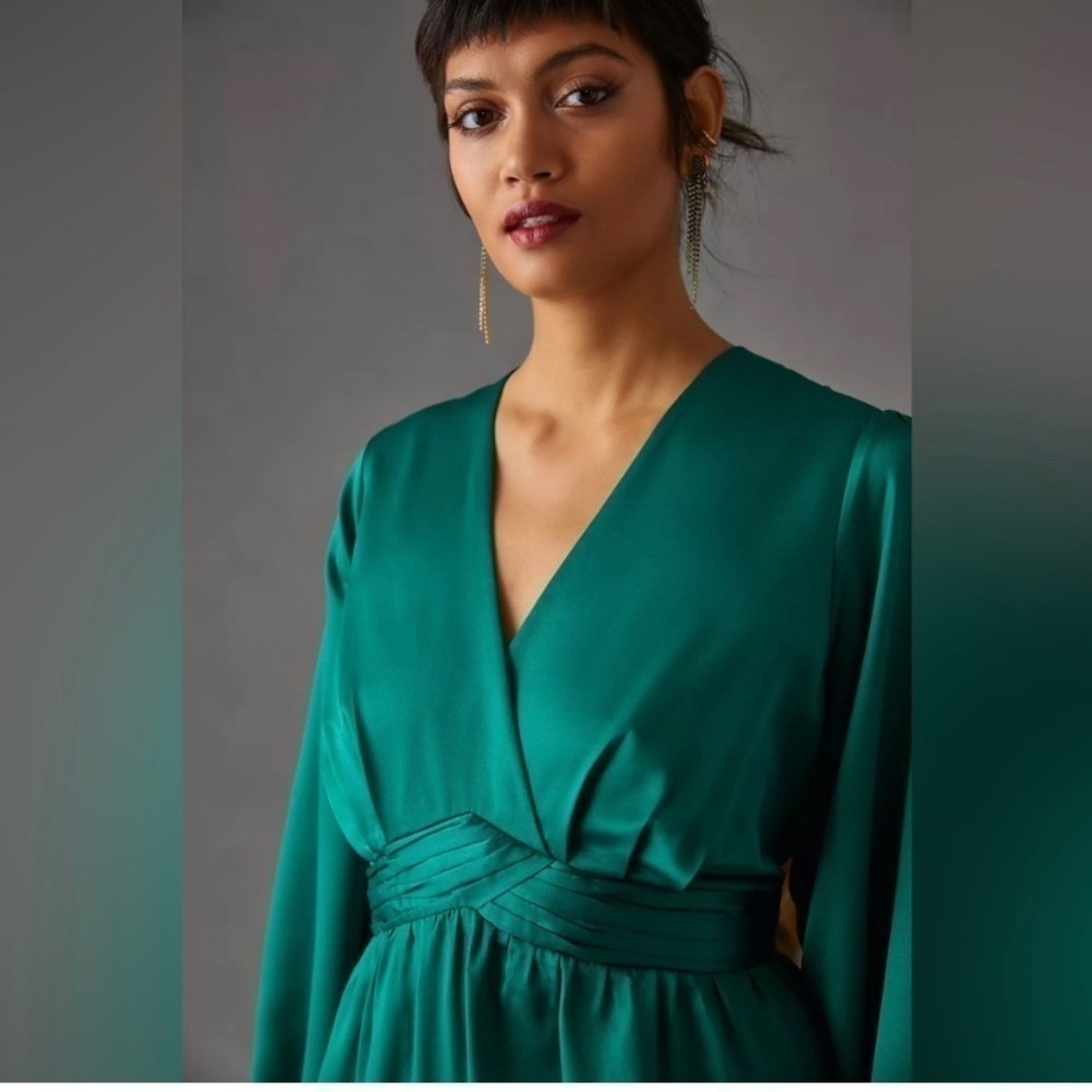 Anthropologie Nikasha Embroidered Satin midi V neck Dress autumn wedding guest - Picture 4 of 14